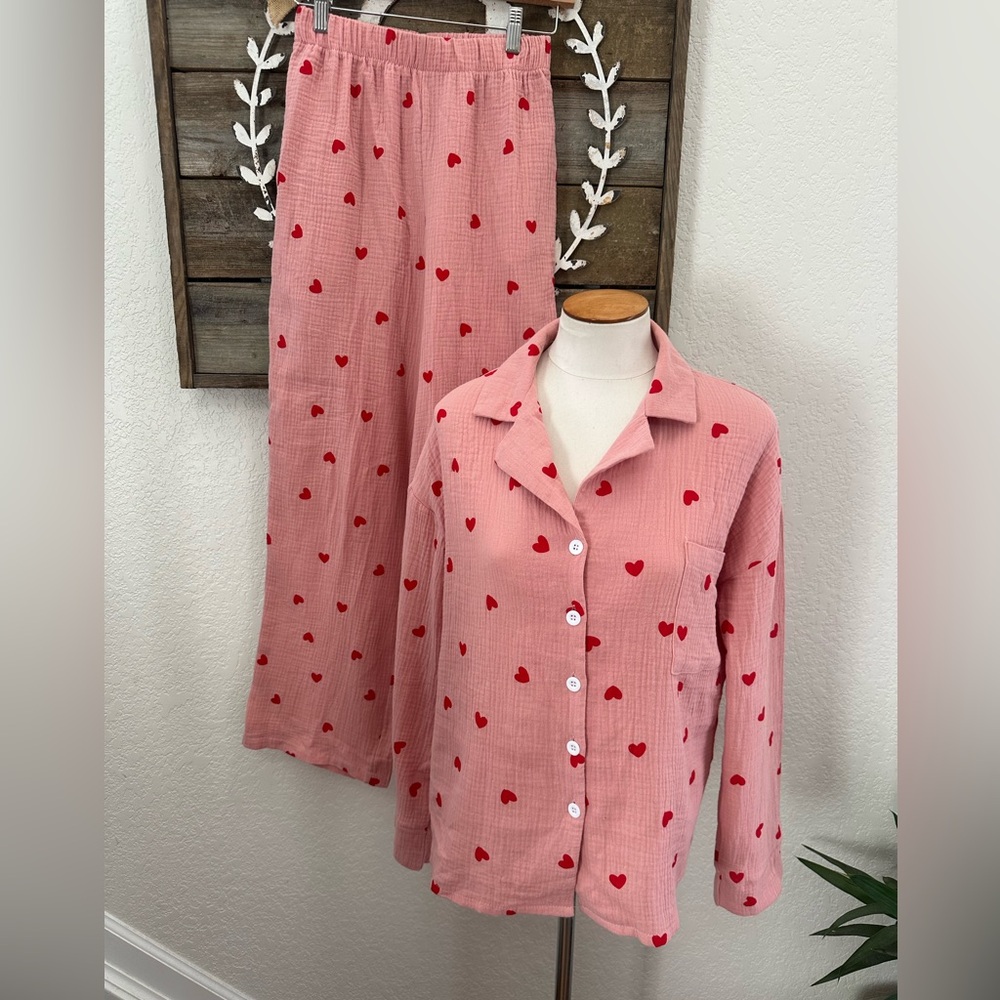 Anna Kaci Pink Heart Print Two-Piece Pajama Set 100% cotton